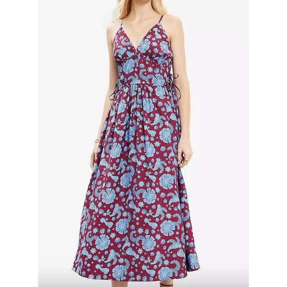 Loft Floral Side Tie Midi Pocket Dress Stretch Bodice Red Blue Women’s Size 10